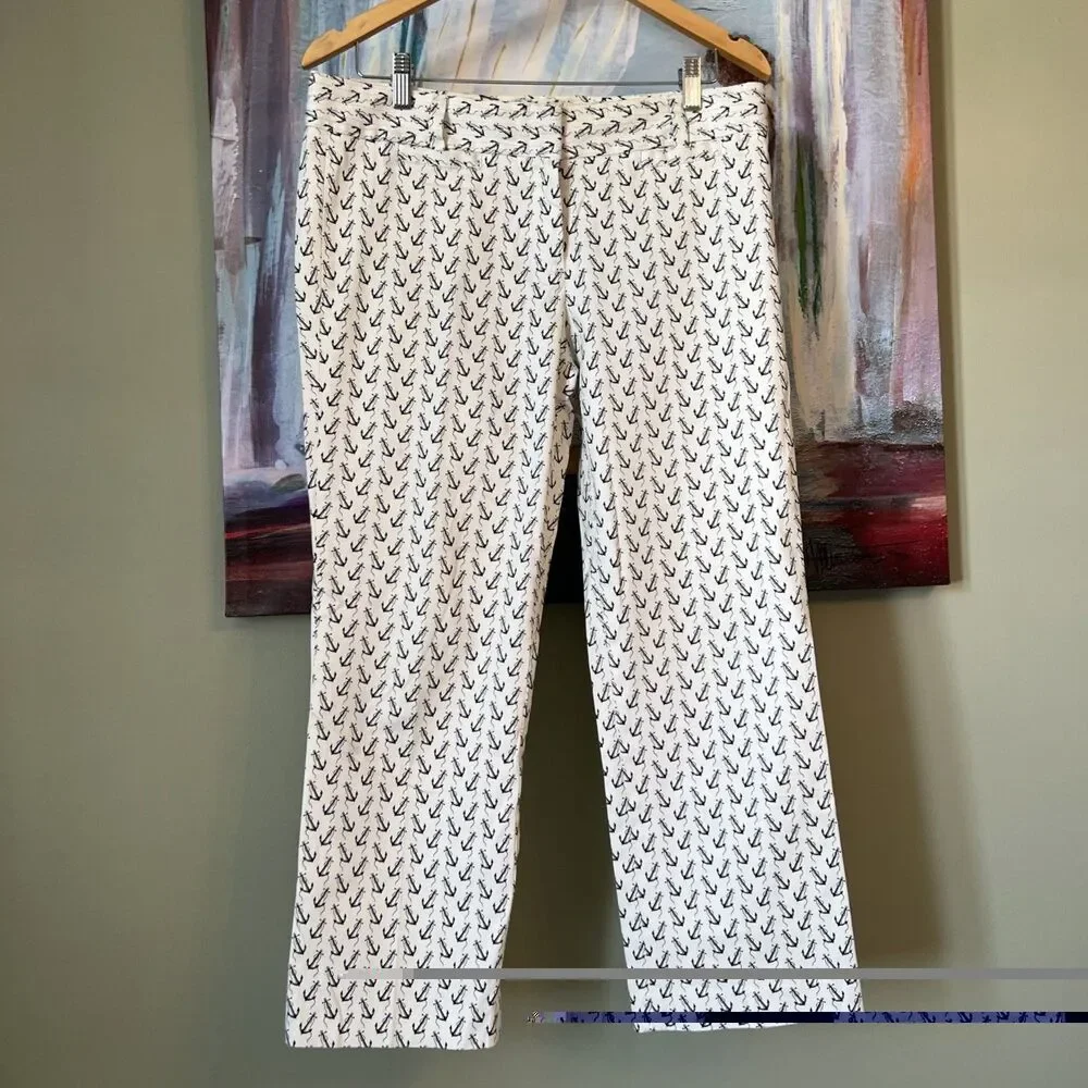 J.Crew City Fit Pants Black White Anchor Print Cropped Women’s Size 8 Stretch